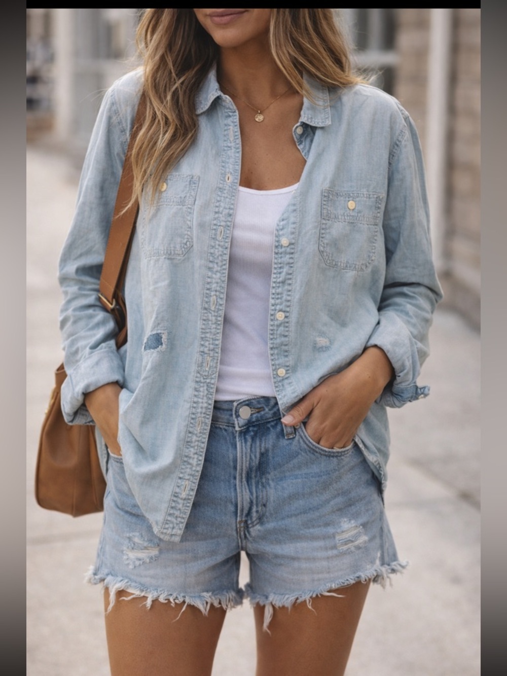 Madewell Light Wash Chambray Button-Up Shirt Distressed Casual Top